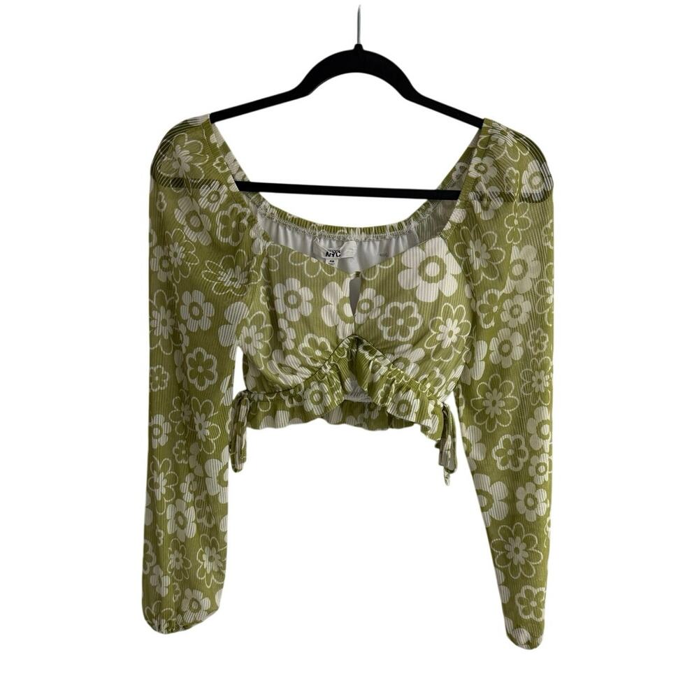 Madden NYC Green Floral Crop Top XS Cottagecore Puff Sleeve Tie Front